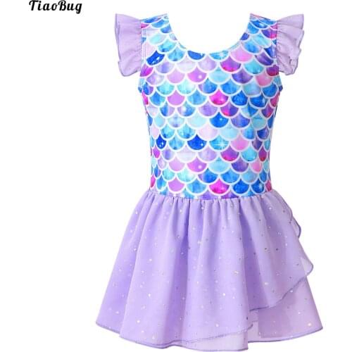 TiaoBug Kids Girls Fish Scales Print Ballet Dancing Dress Clothing Ruffle Sleeveless Round Neckline Stage Performance Costume