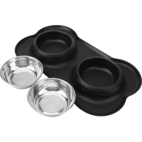 Double Dog Bowl Stainless Steel No Spill Antislip Pet Feeding Bowl With Silicone Mat Durable Drinking Water Food Feeder