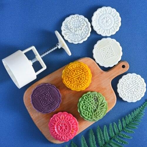 Mid-Autumn Festival Mooncake Mould Round 125g 4 Pieces Square Embossing Baking Tool Plastic Mooncake Mould Cake Tools