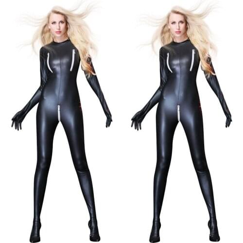 Faux Leather Long Sleeve Open Crotch Latex Bodysuit Sexy fetish Lingerie Zipper Latex PVC Catsuit Night Club Pole Dance Jumpsuit