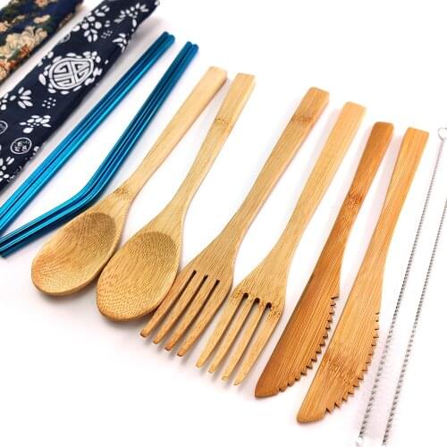 Organic Bamboo Utensils Set Premium Quality Reusable Bamboo Cutlery Set Biodegradable Straw Natural Spoon Fork Knife