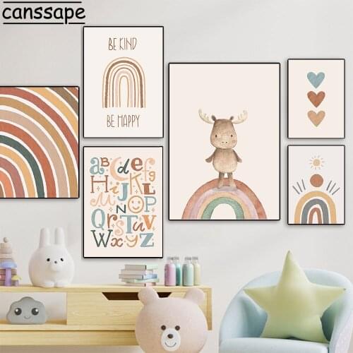 Nordic Wall Art Poster Rainbow Painting Alphabet Posters Cow Print Sun Paintings Boho Wall Pictures Baby Kids Bedroom Decoration