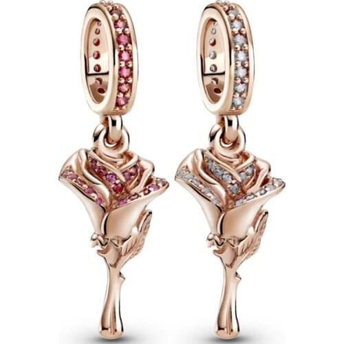 Original Rose Flower With Clear & Red Crystal Pendant Beads Fit 925 Sterling Silver Charm Pandora Bracelet Bangle Diy Jewelry