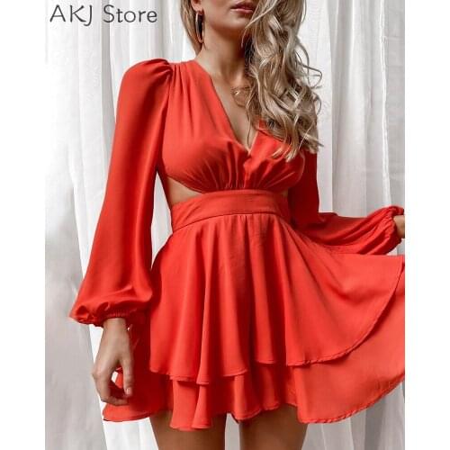 V Neck Lantern Sleeve Ruffles Lace-up Backless Dress