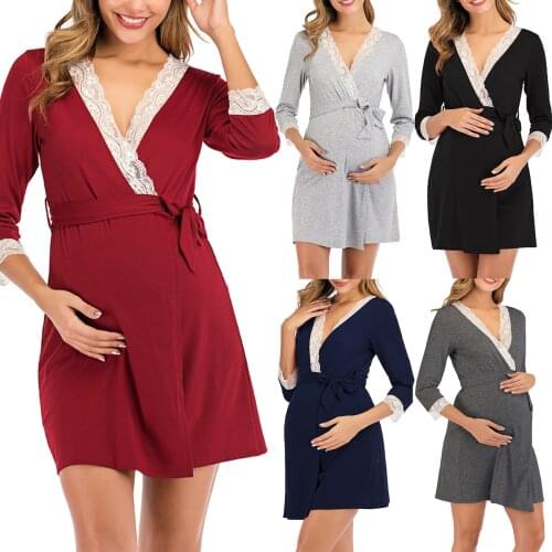 Pregnancy Woman Dress Summer Middle Sleeve Lace Maternity Dresses V-neck Nightgown Dress Fashion Lacing Skirt Maternity Clothes