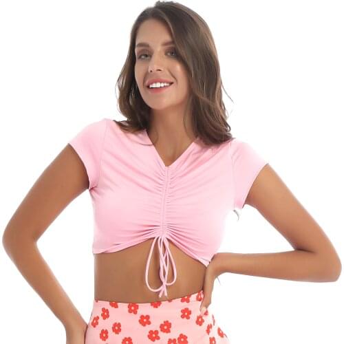 Pink Sexy V Neck Short Sleeve Drawstring Tops for Women Summer 2021 Y2k Grunge Fairy Aesthetic Crop Top Slim T-Shirts Clubwear