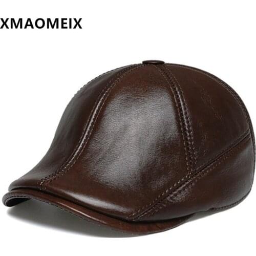 XMAOMEIX Natural Genuine Leather Cap First Layer Cowhide Warm Berets Winter Earmuffs Hat For Men New Adjustable Size Brands Caps