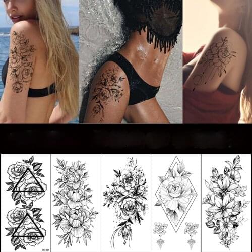 Waterproof Temporary Black Sketchs Flowers Tattoo Stickers Flash Fake Tattoos Body Art for Women Girl tatuajes Temporales