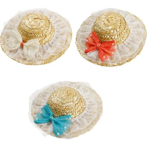 Pet Cat Dog Farmer Breathable Sunshade Cap Pet Woven Straw Hat with Bowknot Cats Beach Party Pet Accessories, 3 Colors