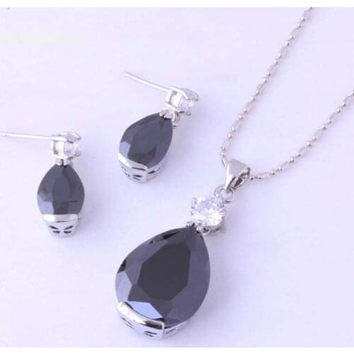 Love Monologue Classic Water Drop Black Imitation Onyx Stud Earrings Pendant Necklace Fashion Silver Color Jewelry Sets H0066