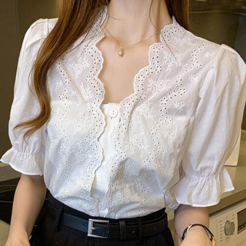 Summer Blouse Women Short Sleeve V-Neck Hollow White Blouse Women Shirt Tops Women Blusas Mujer De Moda 2021 Blouses Shirts F05