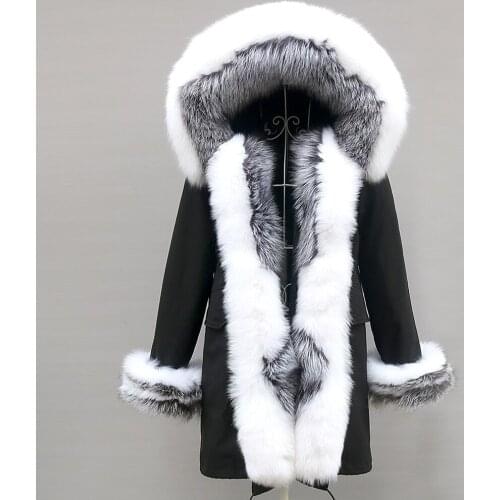 2020 Winter Jacket Women Natural Raccoon Fur Collar Real Fur Coat Color matching Hood Cuffs Thick Warm Outerwear New Long Parka