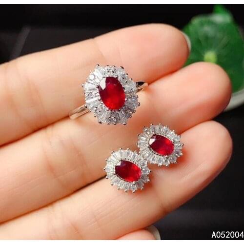 KJJEAXCMY Fine Jewelry 925 sterling silver inlaid natural ruby female ring earring set luxury supports test