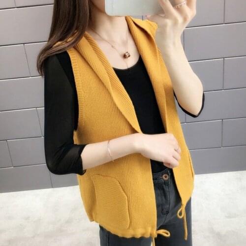 Women Autumn Casual Loose Knit Vests With Pocket Female Solid Hooded Sweater Cardigan Vest Ladies Thin Sleeveless Wasitcoat Z132