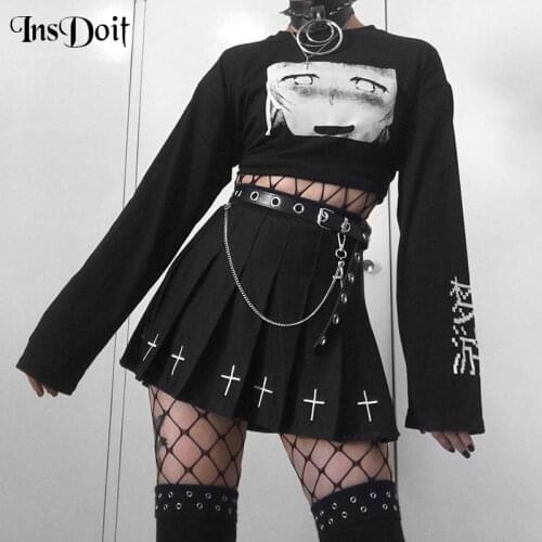 InsDoit Black Punk Gothic Waist Belt Women Leather Metal Chain Ring Waist Strap Belt Harajuku Streetwear Dance Decorate Belts