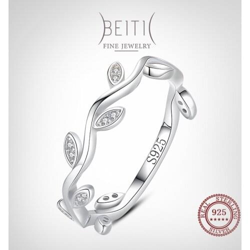Beitil 100% 925 Sterling Silver Fashion Leaf Styling Dazzling Zircon Finger Ring For Fine Female Fashion Jewelry