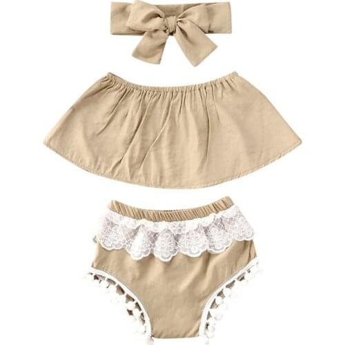 PUDCOCO Lovely Newborn Baby Girl Clothes 3Pcs Off Shoulder Crop Tops Blouse+Lace Tassel Shorts Headband Summer Set 0-24M