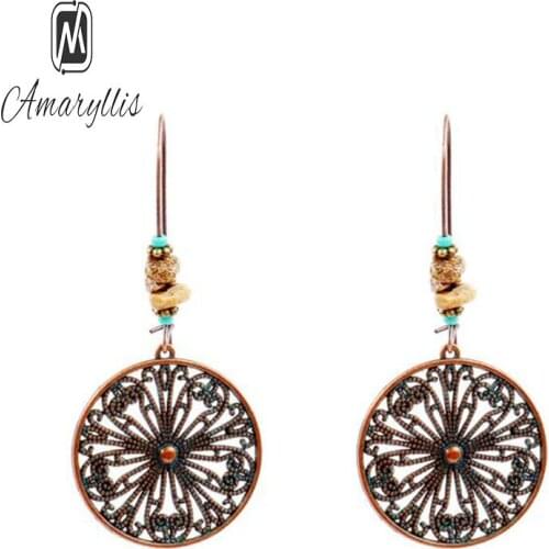 Amaiyllis Antique Vinatge Hollow Round Pendant Dangle Earrings For Women Ethnic Alloy Flower Drop Earrings Stone Beads Earrings