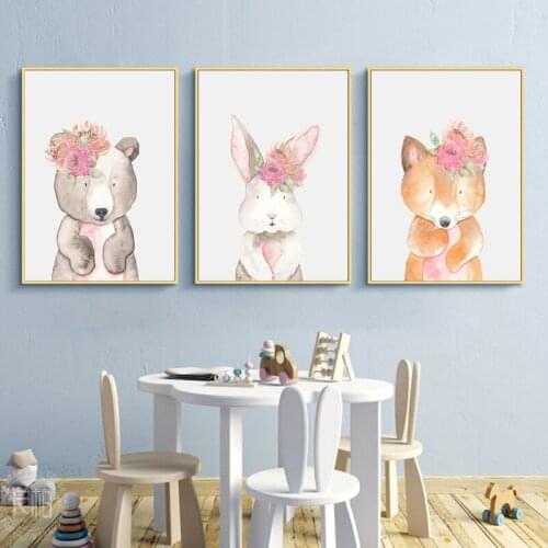Baby Bear with Flowers Cartoon Animal Nursery Wall Art Canvas Painting Nordic Posters and Prints Wall Pictures Kids Room Decor