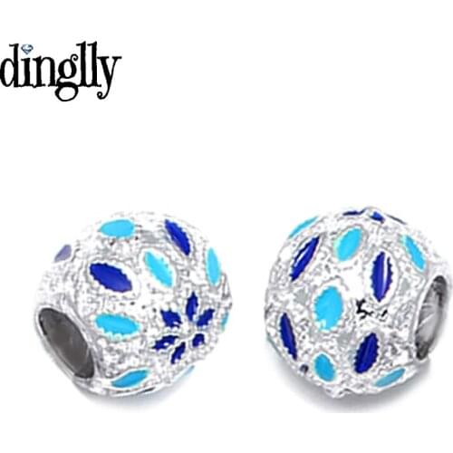Dinglly 2pcs Silver Color Flowers Beaded Blue Dot Charm Fit Brands Charm Bracelet & Necklace Jewelry Round Accessories Beads