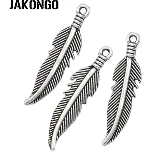 JAKONGO Feather Charm Antique Silver Plated Leaf Charms Pendants for Jewelry Making Bracelet DIY Handmade Craft 27x7mm 20pcs
