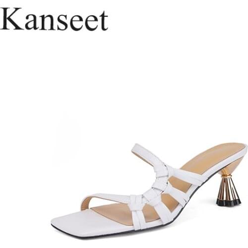 Kanseet New Womans Slippers 2021 Summer Beige Light Green Microfiber Open-toed Handmade Female Square Toe 5cm Mid Heels Shoes