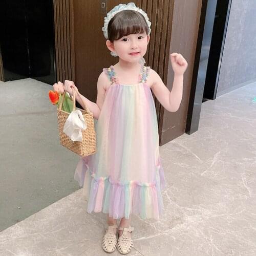 LISUNNY 2021 Summer Girls Dress Bohemian Style Princess Dress Children Rainbow Floral Vacation Beach Dress Kids Clothing