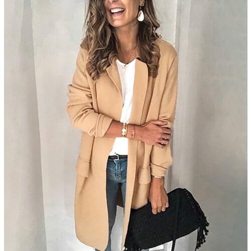 Fashion Women Casual Solid Color Coat Adults Autumn Elagant Fashion Long Sleeve Lapel Neck Cardigan Belted Trench Coat