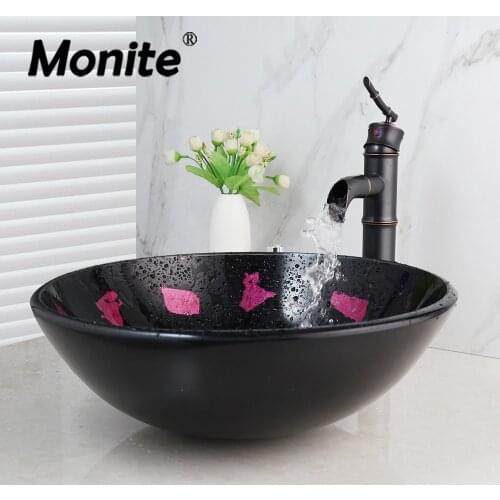 Monite Purple Tempered Glass Sink Washbasin Lavatory Bamboo Waterfall Soild Faucet Bathroom Sink Combine Faucet Mixer Tap