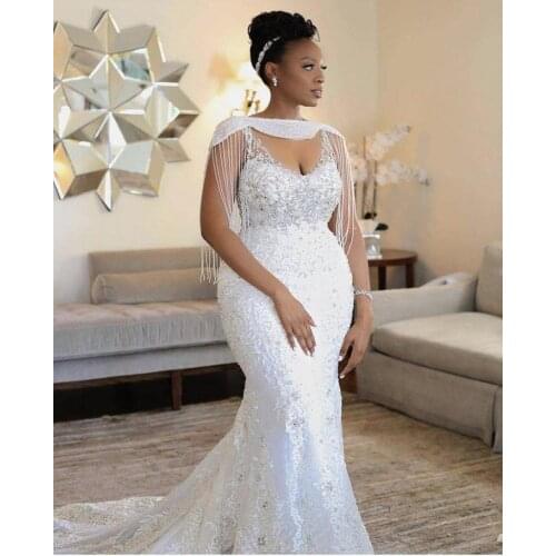 New Mermaid Weddding Dreses With Wrap Tassel Beading Crystal Lace Appliqued Sexy Custom Made Wedding Dress south African