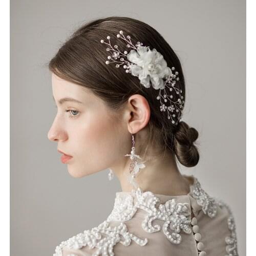 Romantic Sweetheart Bridal Headdress Organza Pearl Flower Rhinestone Hair Comb for Wedding Perform Studio Travel Photo O383