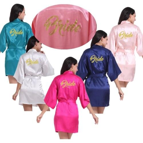 Wholesale Bride Gold Glitter Women Pure Color Satin Kimono Robes For Bridemaid Wedding Party Short Bath Sleepwear Bathrobes T2