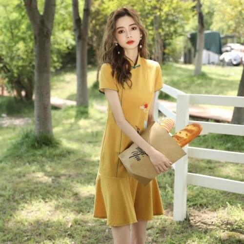 Summer Womens Improved Dress National Tide Cheongsam Chinese Style Elegant Vintage New Yellow Cheongsam Dress Bridesmaid Dress