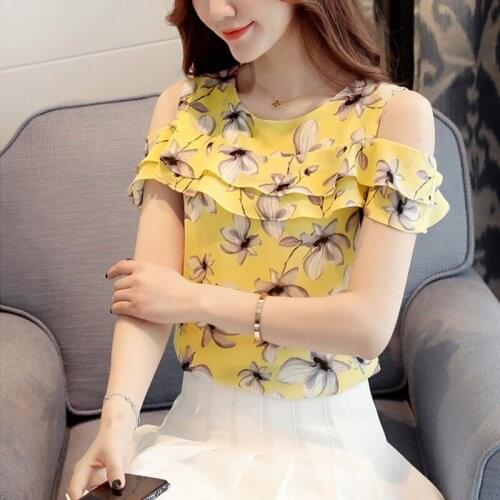New Hollow Out Off Shoulder Cropped Women Short Sleeve Flower Printed Blouses Casual Ruffle blouses Tops 2019 Fashion pink 956i5