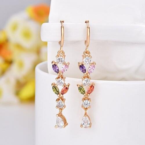 Tassel Pendant Cubic Zircon Earrings with Triangular Flower Shape Long Crystal Jewelry 2018 New Rose Gold Earring Leaf Style