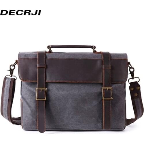 DECRJI Casual Large Men Tote Bag Crazy Horse Genuine Leather Canvas Laptop Handbag Mens Shoulder Business Bag Briefcases Male