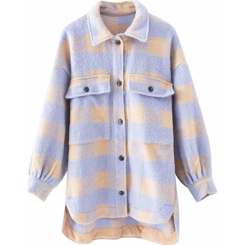 Trendy Winter Jacket New Spring Women Streetwear Plaid Single Breasted Loose Cotton Coat Long Sleeve Purple Warm Outwear