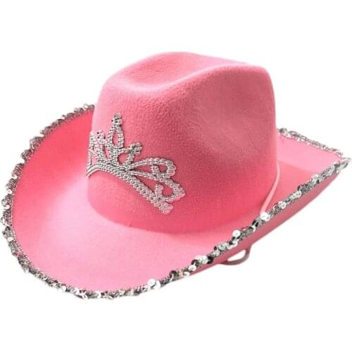 Spangles Decorated Cowgirl Hat in Pink Tiara Decorated Fedora with Feather Edge U4LE