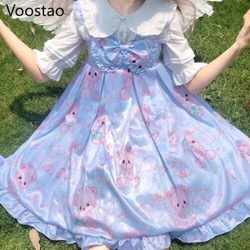 Japanese Sweet Lolita Jsk Dress Women Cute Cartoon Baby Bear Print Sleeveless Slip Dress Girls Chic Kawaii Bow Tea Party Dresses