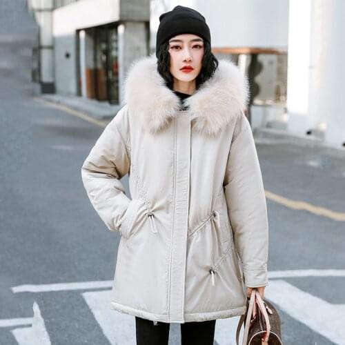 Korean Style Winter Long Jacket Women Wool Liner Slim Hooded Womens Parkas Solid Thick Fur Collar Warm Outwear Female Cold Coat
