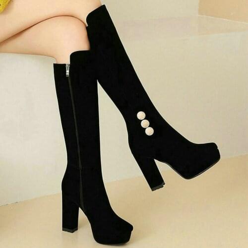 2021 Women Knee High Boots Platform Square High Heel Ladies Calf Boots Faux Suede Side Zipper Women High Quality Boots Big Size