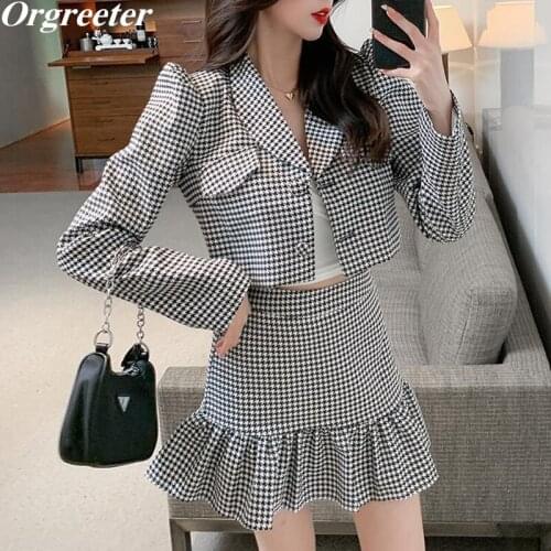 Autumn New Houndstooth Blazer Crop Outwear Mermaid Skirt Two piece set Women Short Coat High waist Mini Skirt Streetwear Sets
