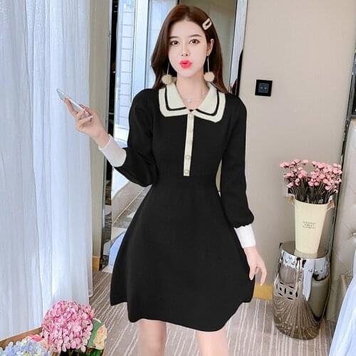 New Fashion Knitting Sweater Dress Autumn Winter Women Turn-Down Collar Simple Runway Knit Slim Dress