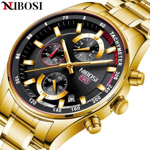 NIBOSI Fashion Gold Men Watches Top Brand Luxury Stainless Steel Waterproof Wristwatch Quartz Clock Male Relogio Masculino