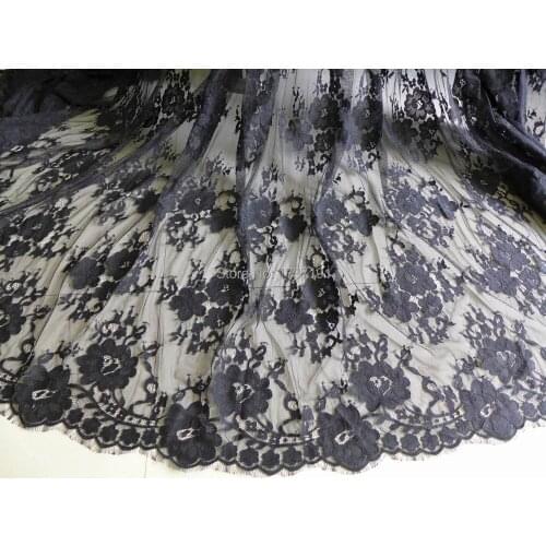 BLACK Lace Fabric, Vintage Eyelash Floral Fabric, Wedding Fabric with Scalloped edge, Bridal bolero jacket Lace