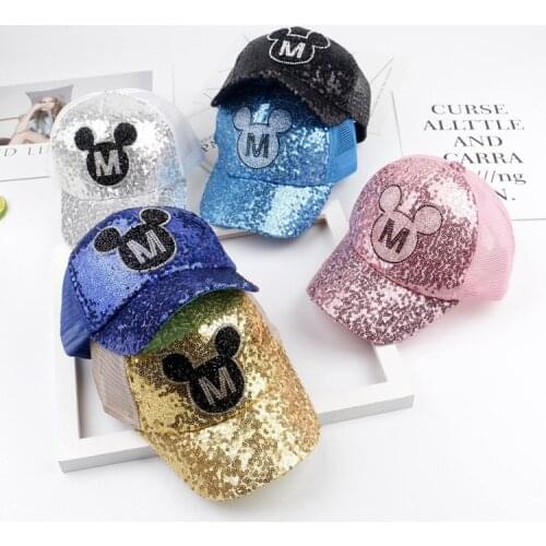 Children cartoon Baseball Cap Girls Sequined rhinestones Snapback Sun Protection Caps Mesh Kids Baby Trucker Sun Hat