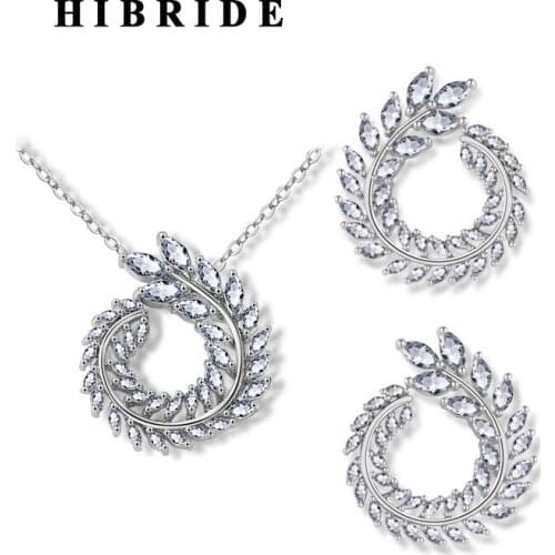 HIBRIDE Luxury Fasihon AAA Cubic Zircon Leaf Shape Jewelry Sets For Women Party Gifts Bridal Jewelry Brincos N-792