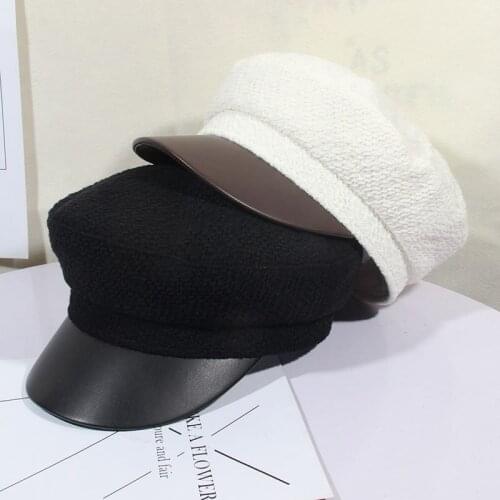 Military Hat Caps Beret Winter Hats For Women Men Pu Leather Brim Wool Knitted Cap Black Bone Female Vintage Gorra Militar