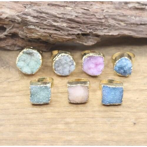 Square/Round Geode Druzy Summer Ring Colourful Crystal Quartz Drusy Stone Adjustable Party Ring Fashion Women Jewelry,QC4117