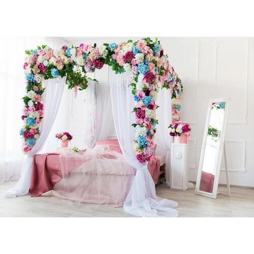 Colorful Flowers Bed Curtain Photography Backdrop Custom Backgrounds for Wedding Lovers Valentines Day Photoshoot Photo Studio